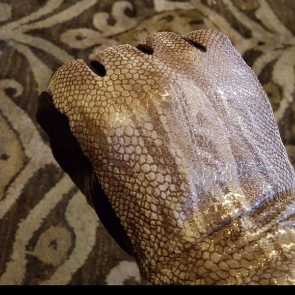 CHICO'S METALLIC EXOTIC LEATHER GLOVES BROWN/ GOLD -SZ. MED- LINED NWT - Picture 7 of 8